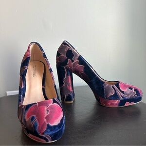 Call It Spring Blue Velvet Pink Floral Platform Heels